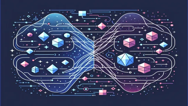 Magenta code streams flowing between human and machine node shapes connected by glowing pathways on a dark navy background