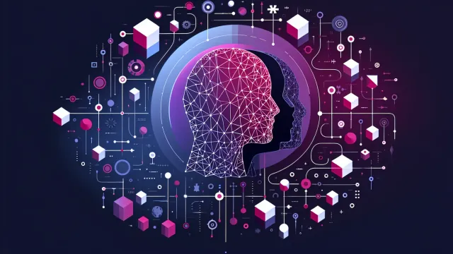 Magenta human and AI contribution streams merging into a shared codebase node on a dark navy background