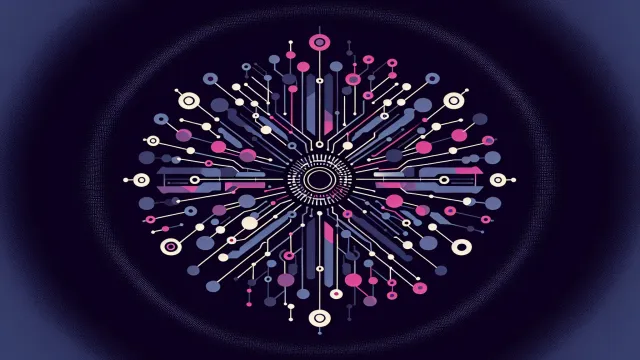 Magenta neural network nodes with attention weight connections radiating outward on a dark navy background