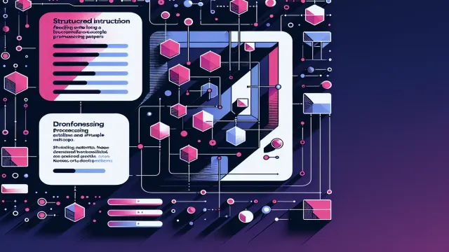 Magenta instruction nodes feeding into transformer processing layers with structured output paths on a dark navy background