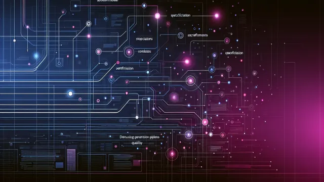 Magenta specification nodes feeding structured prompts into a generation pipeline with output quality indicators on a dark navy background