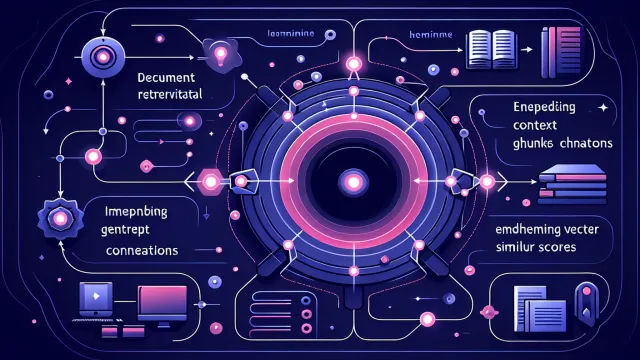Magenta document retrieval nodes feeding context into a generation pipeline with embedding vector connections on a dark navy background
