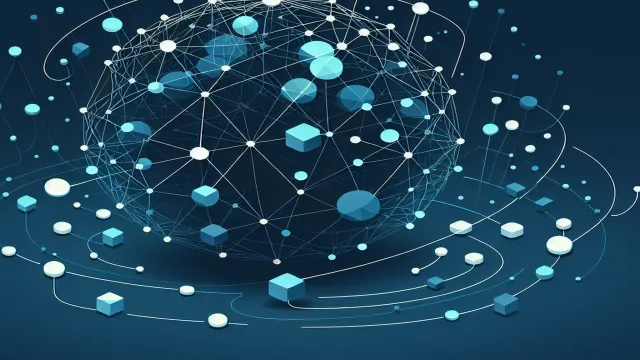 Cyan token shapes and key geometric forms connected by authentication flow pathways on a dark navy background