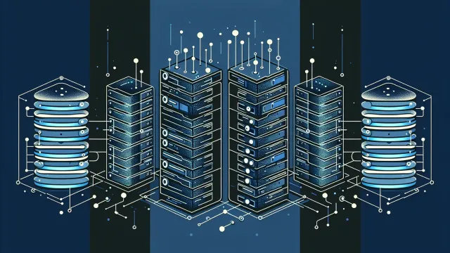Three distinct server topology diagrams shown as glowing geometric structures on a dark navy background