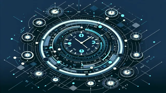 Cyan clock faces showing offset time values with drift indicators and timezone conversion arrows on a dark navy background