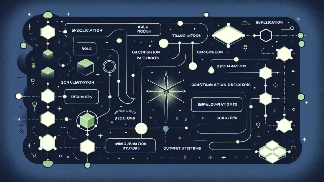 Soft green role transition nodes with orchestration pathways connecting specification to output systems on a dark navy background