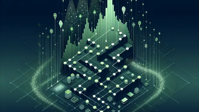Soft green pathway nodes with milestone markers connected by a progression arc on a dark navy background
