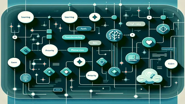 Soft green learning path nodes with priority indicators separating high-value and low-value skill branches on a dark navy background