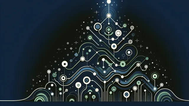 Soft green skill progression nodes along an ascending path with branching development arcs on a dark navy background