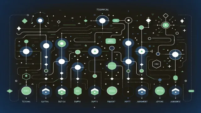 Soft green skill progression nodes branching into technical and judgment arcs on a dark navy background