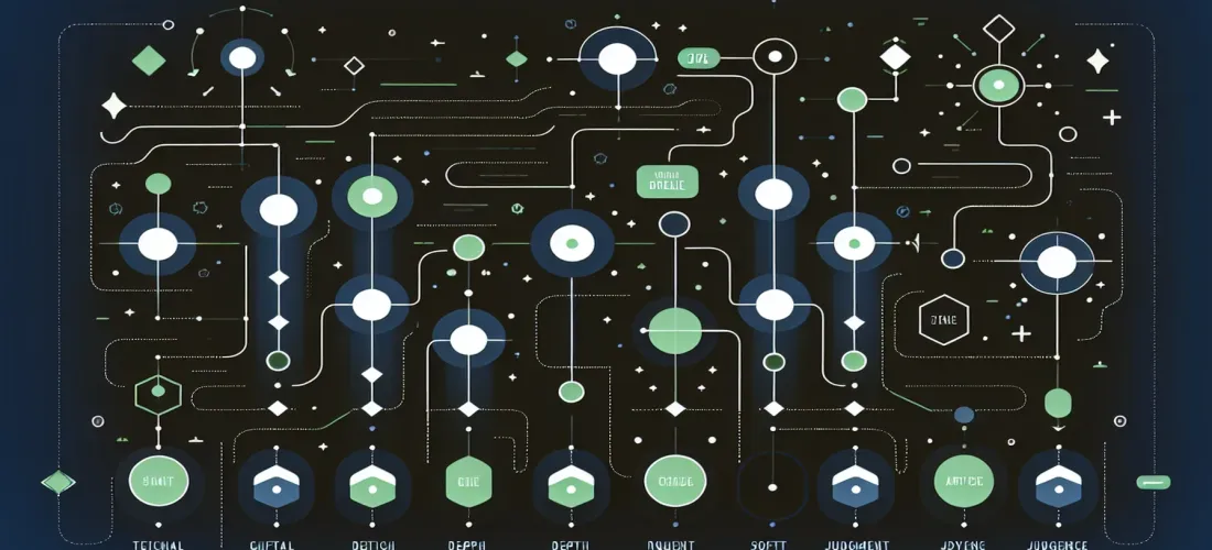 Soft green skill progression nodes branching into technical and judgment arcs on a dark navy background