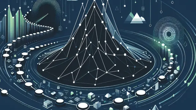 Soft green timeline arc with diverging uncertainty paths and branching decision nodes on a dark navy background