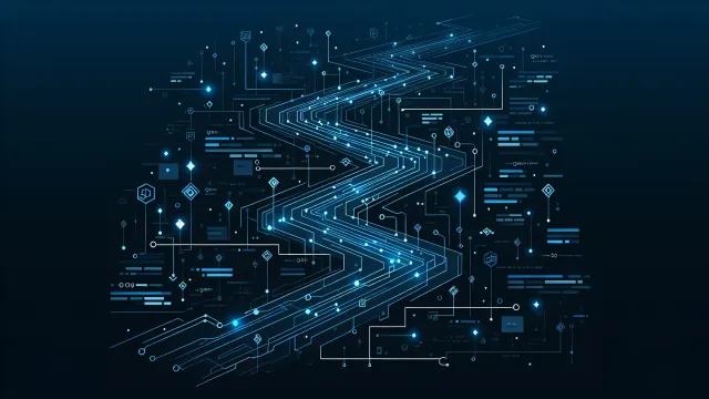 Two streams of glowing code symbols converging into a single execution pathway on a dark navy background