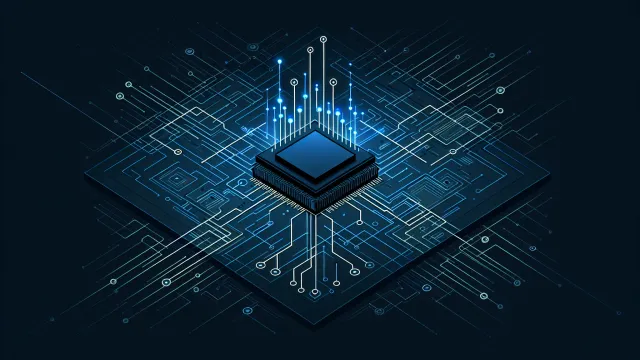 Geometric circuit pathways with glowing nodes representing data flowing through a processor on a dark navy background