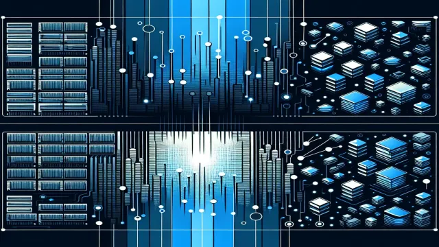 Electric blue layered memory blocks arranged in stack and heap formations with allocation arrows on a dark navy background