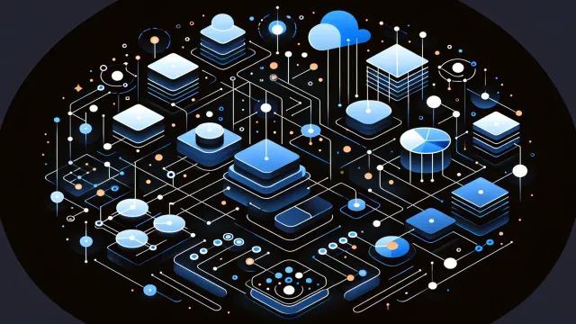 Electric blue process and thread execution streams with context switch indicators and shared memory regions on a dark navy background