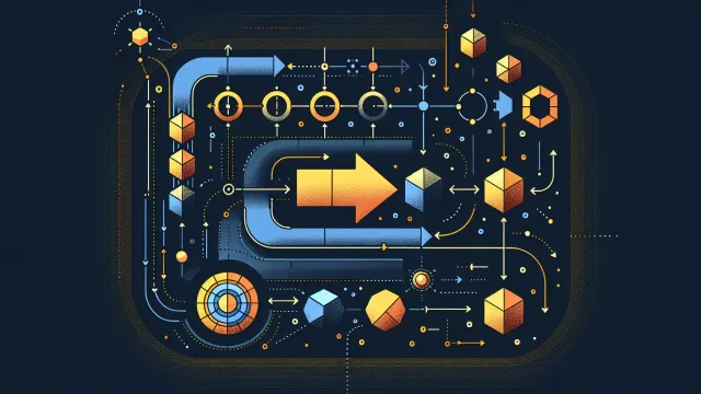 Warm yellow data flow arrows moving through transformation nodes in a pipeline structure on a dark navy background