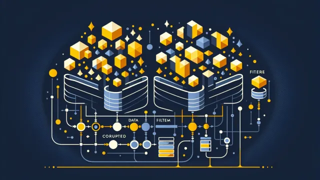 Warm yellow data validation checkpoints filtering corrupted data shapes from clean geometric data flows on a dark navy background