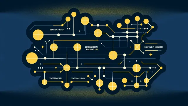 Warm yellow parallel data streams branching into partitioned channels connected by routing nodes on a dark navy background