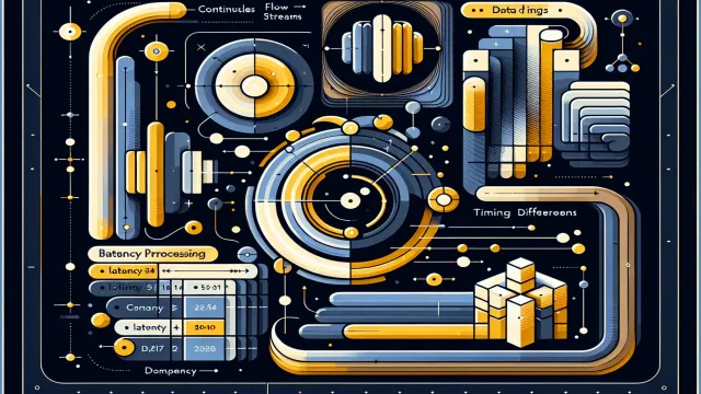 Warm yellow continuous data flow streams alongside chunked batch processing blocks with timing comparison indicators on a dark navy background