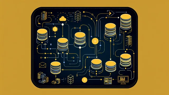 Gold yellow schema transformation nodes with version arrows and safety gate indicators on a dark navy background