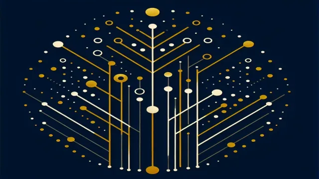 Gold B-tree structure with sorted branching nodes and leaf pointers descending into layered row data on a dark navy background
