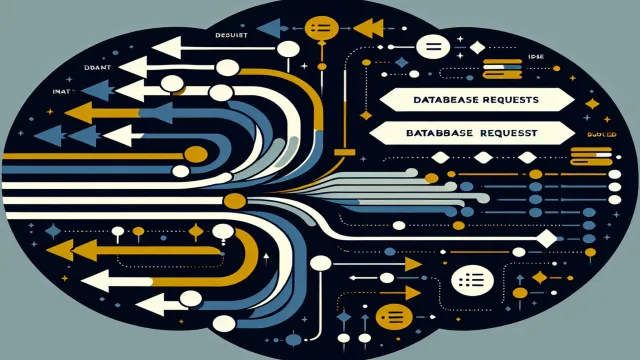 Gold yellow cascading query arrows multiplying from a single source into N parallel database requests on a dark navy background