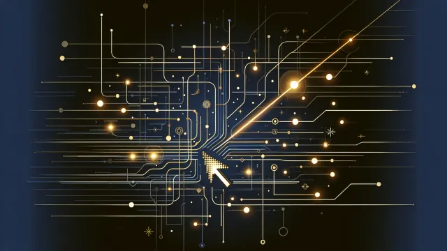 Gold yellow sequential data pages with cursor pointer jumping forward through sorted result rows on a dark navy background
