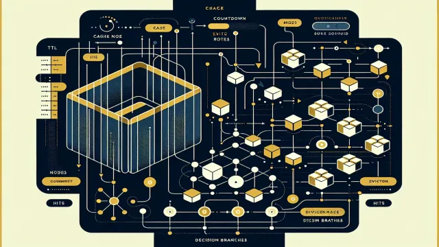 Gold yellow cache node structures with TTL countdown indicators and eviction pathways on a dark navy background