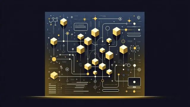 Gold yellow interlocking geometric transaction blocks with commit and rollback flow paths on a dark navy background