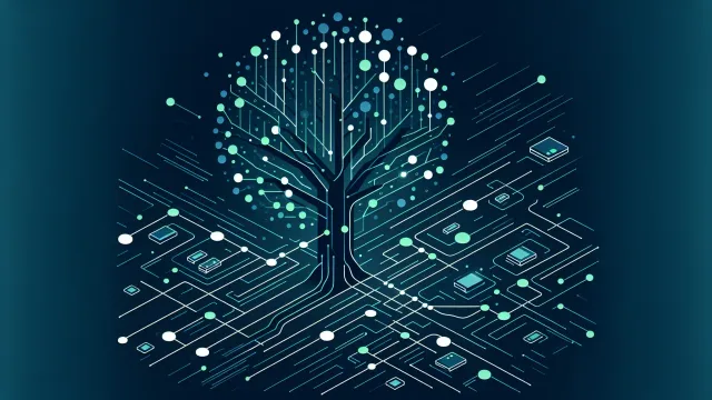 Glowing blue branching paths diverging from a single trunk and converging back on a dark navy background