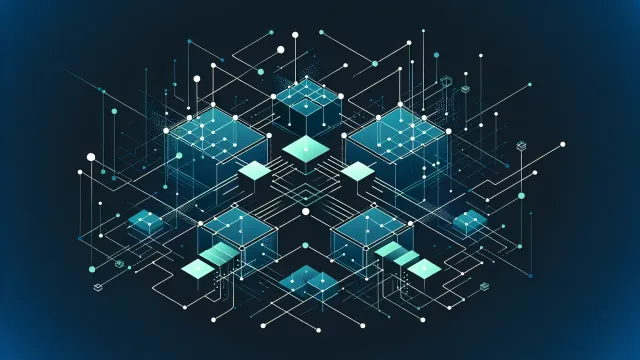 Two sets of glowing geometric nodes exchanging data streams on a dark navy background