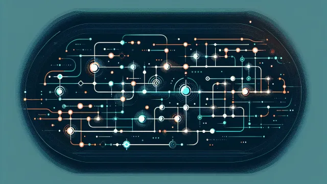 Glowing lines of text flowing into interconnected nodes on a dark navy background