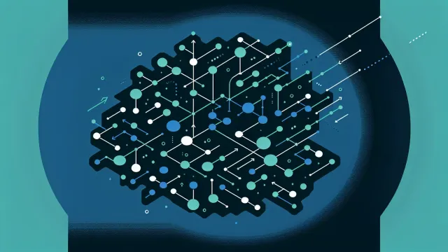 Teal green branching tree nodes connected by directed graph edges on a dark navy background