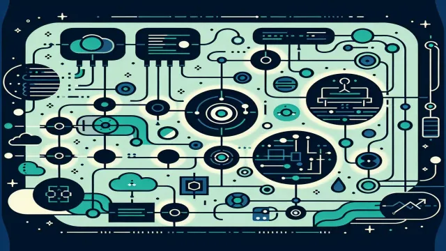 Teal green review checkpoint nodes with change validation streams on a dark navy background