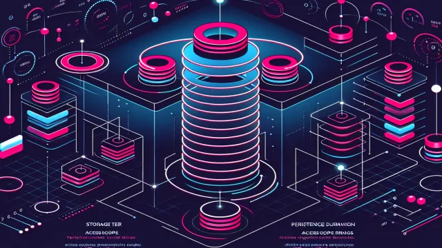 Hot pink storage tier nodes with access scope and persistence indicators on a dark navy background