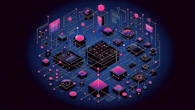 Hot pink type annotation symbols and interface shapes connected by structural compatibility arrows on a dark navy background