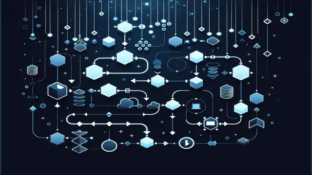 Slate blue pipeline flow stages with build, test, and deploy nodes connected by progression arrows on a dark navy background
