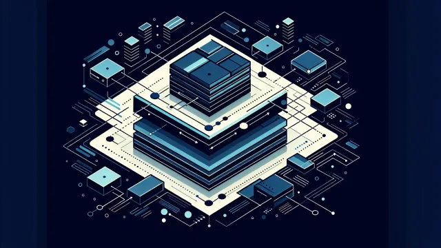 Layered geometric shapes stacked in columns connected by glowing slate blue paths on a dark navy background
