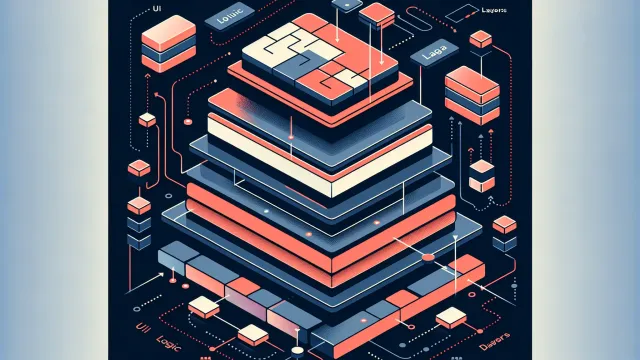 Layered architectural blocks with directed data flow arrows between UI and logic layers on a dark navy background