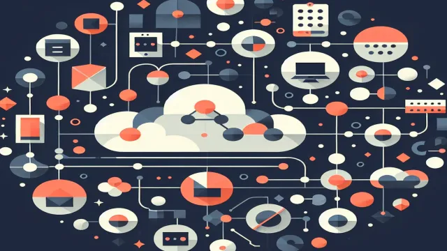 Coral colored device nodes with local data stores syncing to cloud nodes through intermittent connection paths on a dark navy background