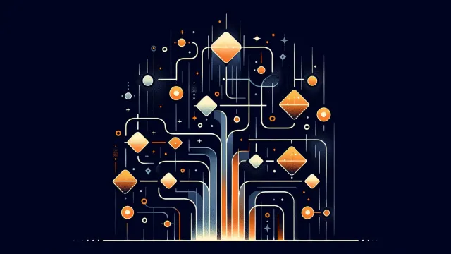 Amber orange hierarchical tree nodes with query arrows flowing through resolver layers on a dark navy background