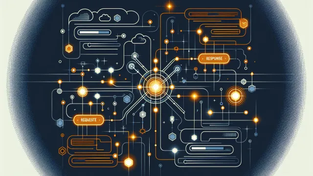 Structured data packets flowing bidirectionally between two glowing nodes on a dark navy background