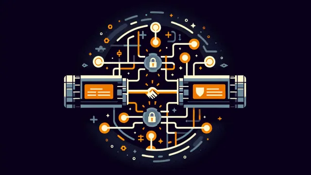 Two glowing nodes establishing a secure encrypted tunnel between them on a dark navy background