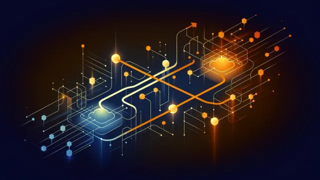 Amber orange bidirectional data streams flowing between client and server nodes through a persistent connection on a dark navy background