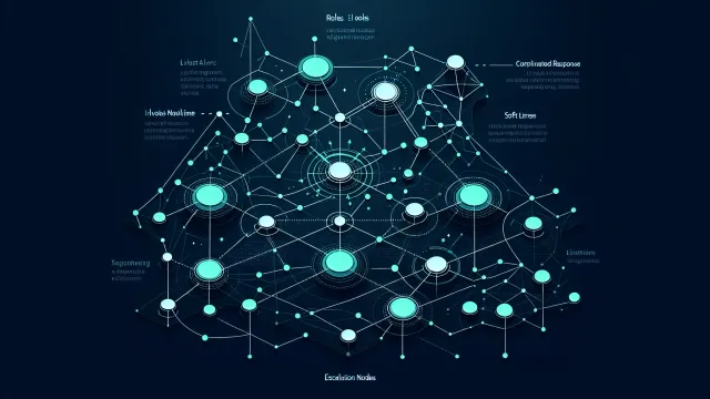 Mint green alert signals converging into a coordinated response flow with timeline and escalation nodes on a dark navy background