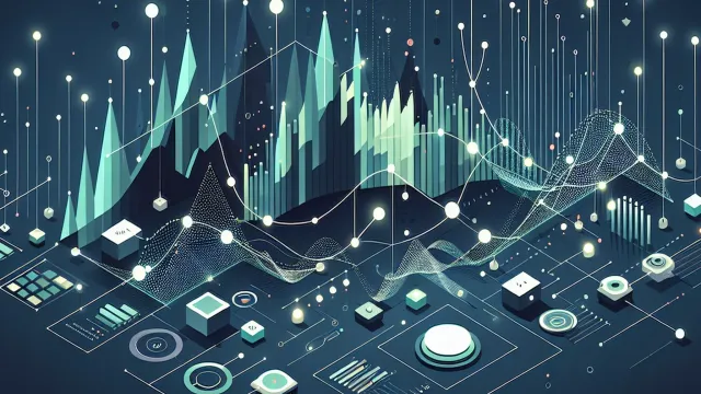 Glowing mint green data points flowing into converging line graphs on a dark navy background