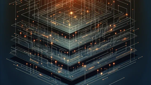 Deep orange layered caching tiers stacked vertically with data flow arrows connecting browser, CDN, app, and database nodes