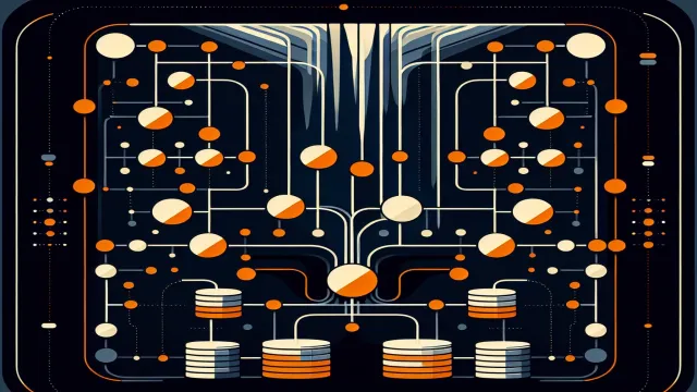 Deep orange query plan tree nodes with cost estimation bars and execution path arrows on a dark navy background