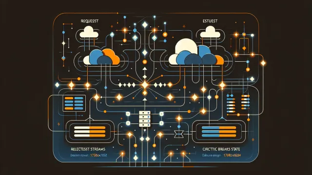 Deep orange overloaded request streams being selectively shed through priority gates with circuit breaker indicators on a dark navy background